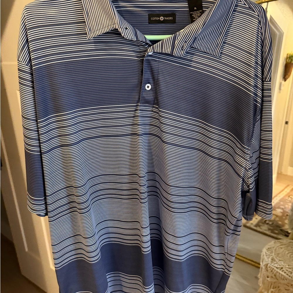 Cotton Traders Men’s Navy and White Striped Polo